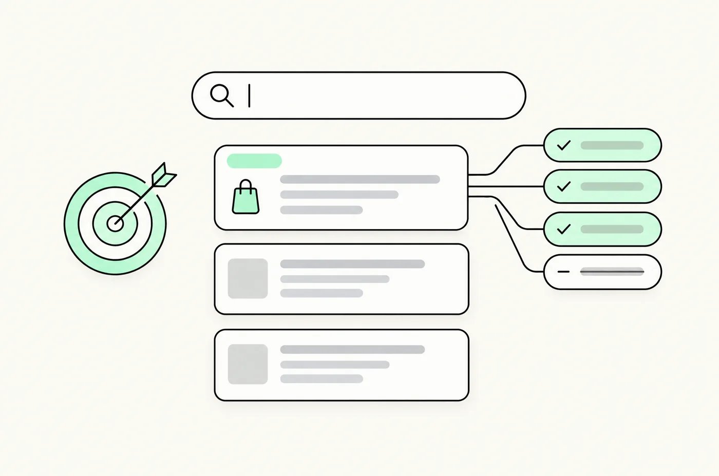 Illustration of a search bar, a sponsored result and keyword chips with one negative keyword excluded