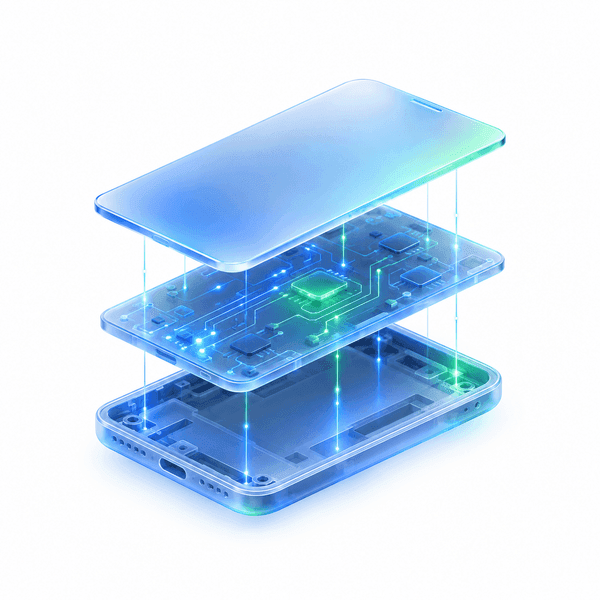 Abstract exploded smartphone layers representing a native app platform