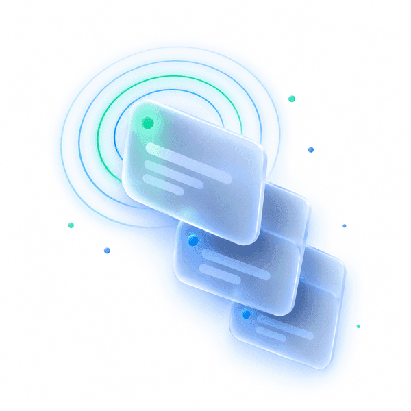 Abstract stacked notification cards broadcasting a signal