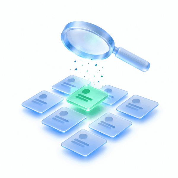 Abstract magnifying glass above a grid of product cards