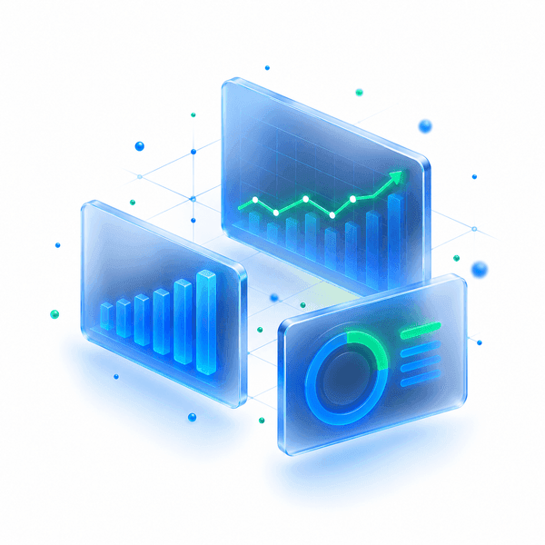 Abstract dashboard panels showing charts and an upward trend
