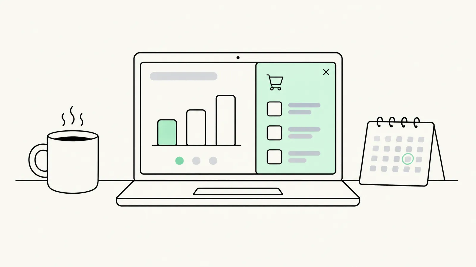 Laptop showing a cart drawer and a rising revenue chart next to a calendar