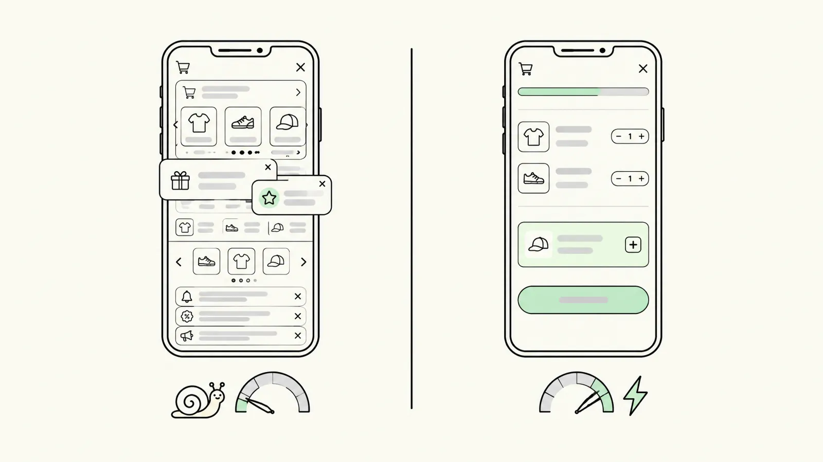 Comparison of a cluttered slow cart drawer and a clean fast cart drawer on mobile