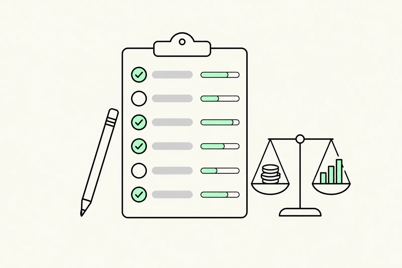 A clipboard scorecard with six evaluation criteria and score bars, beside a scale weighing price against results