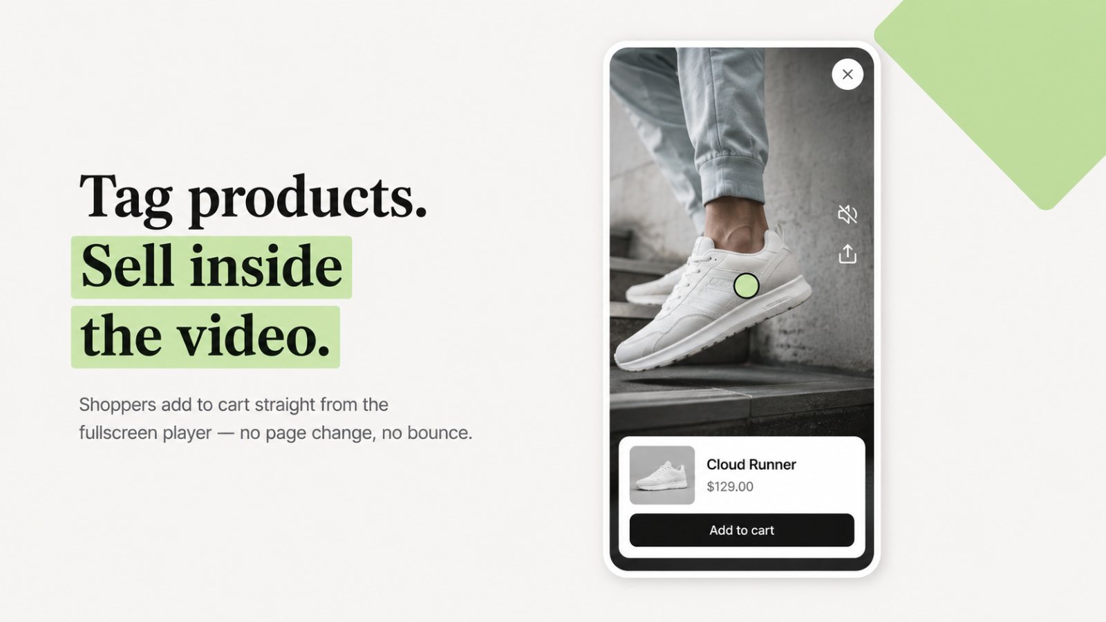 Foxr full-screen vertical video player with a product hotspot and add-to-cart button