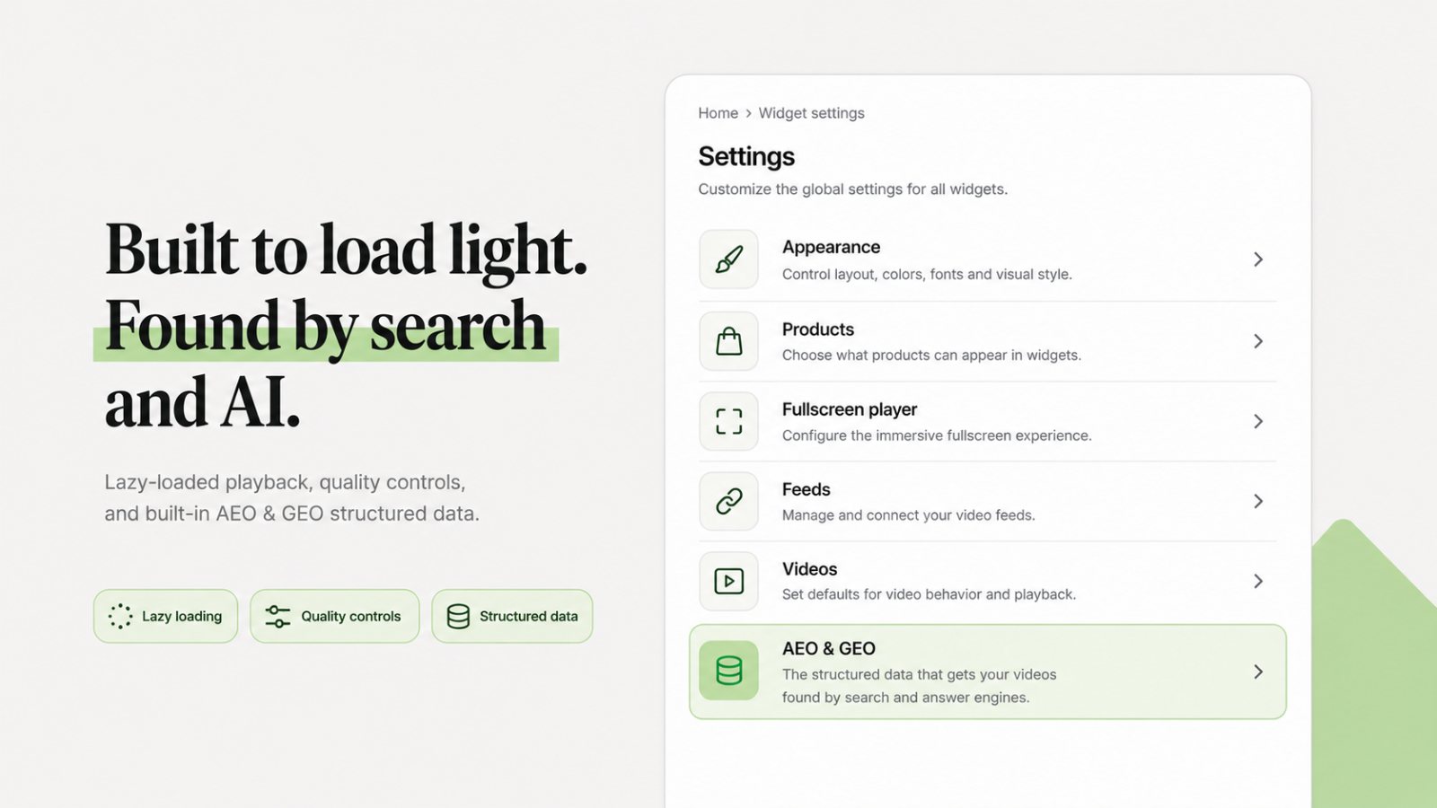Foxr widget settings: appearance, products, full-screen player, feeds, videos, and AEO and GEO structured data