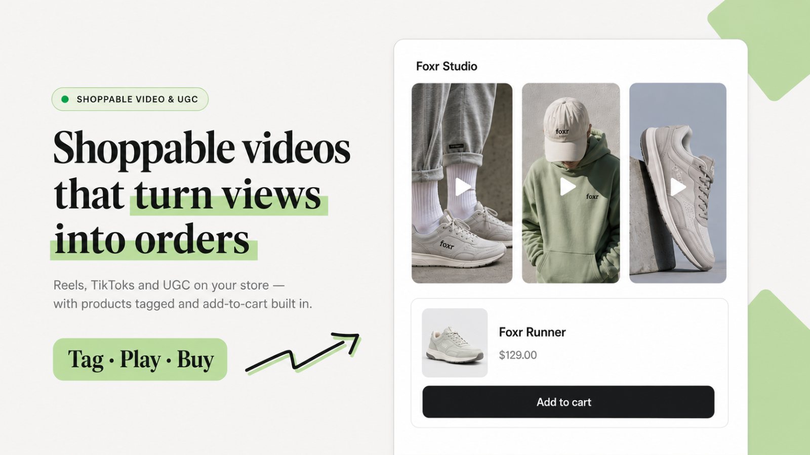Foxr shoppable video widget on a Shopify product page with tagged product and add-to-cart