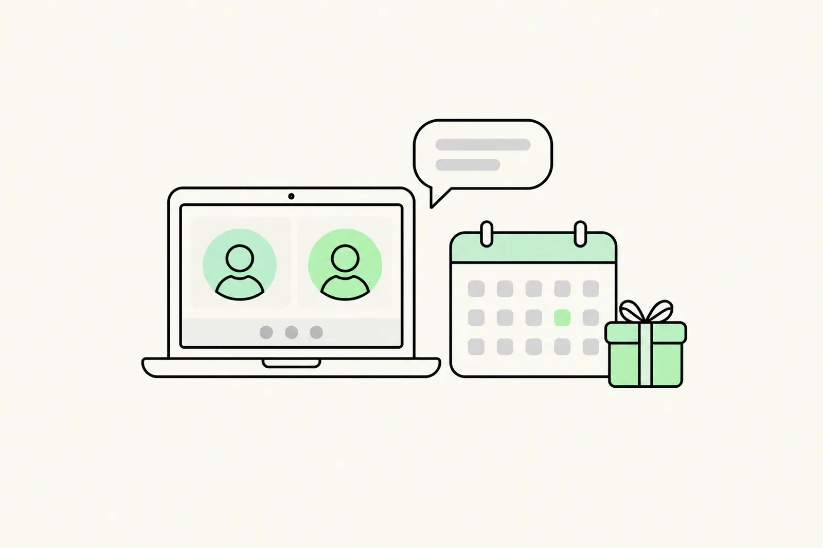 A video call on a laptop next to a calendar and a wrapped gift box, inviting readers to book a strategy call