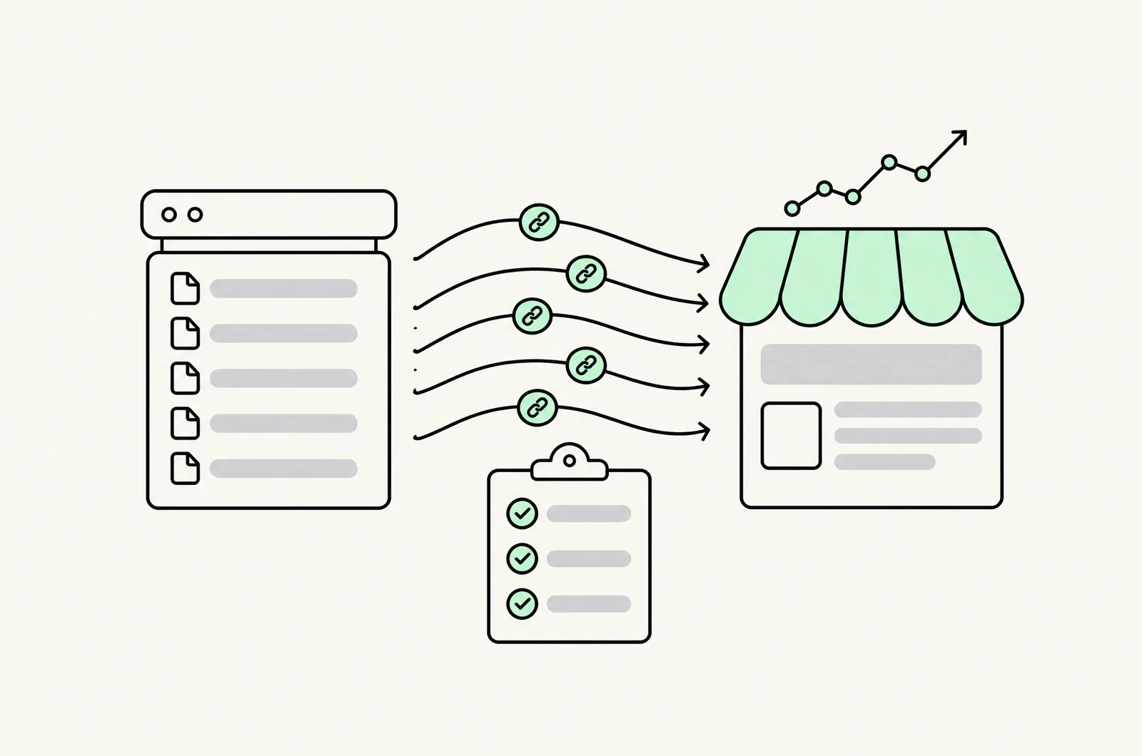 An old store's URLs carried to a new storefront by a bundle of redirect arrows, with a checklist