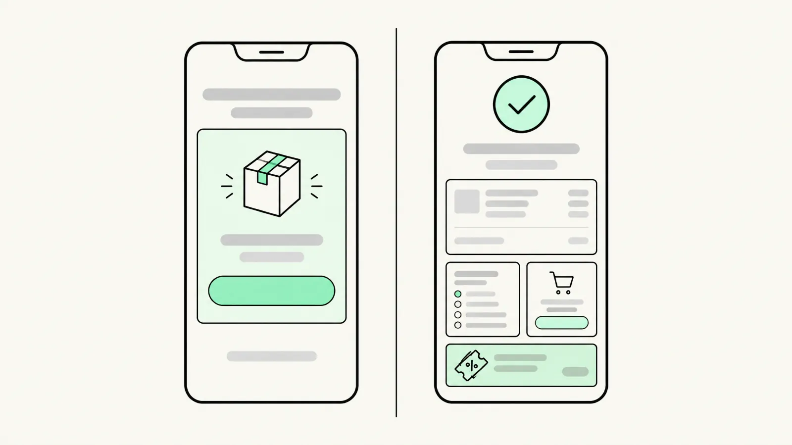 Two phones comparing a post-purchase offer page with a thank-you page with widgets