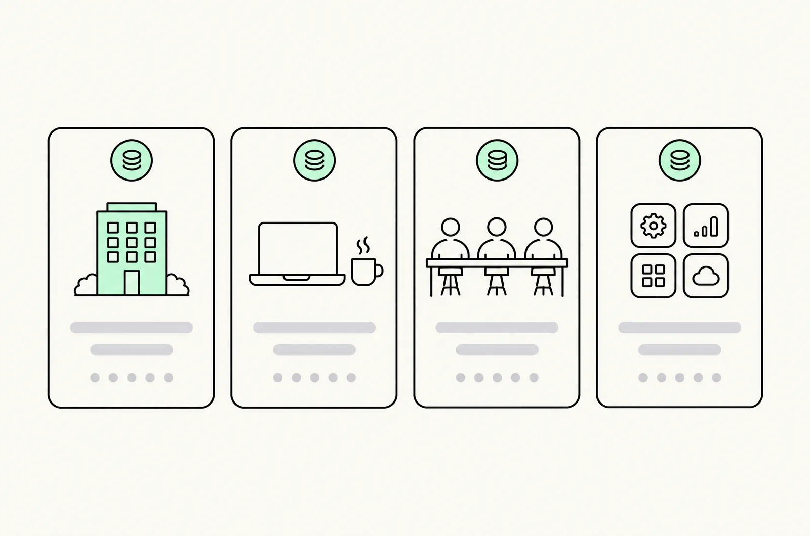 Four cards comparing an SEO agency, a freelancer, an in-house team and SEO apps