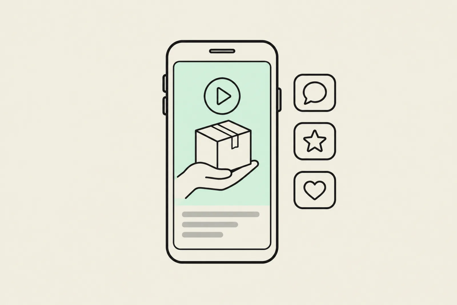 Line illustration of a smartphone playing a vertical video of a hand holding a product box, with comment, star and heart reaction icons beside it