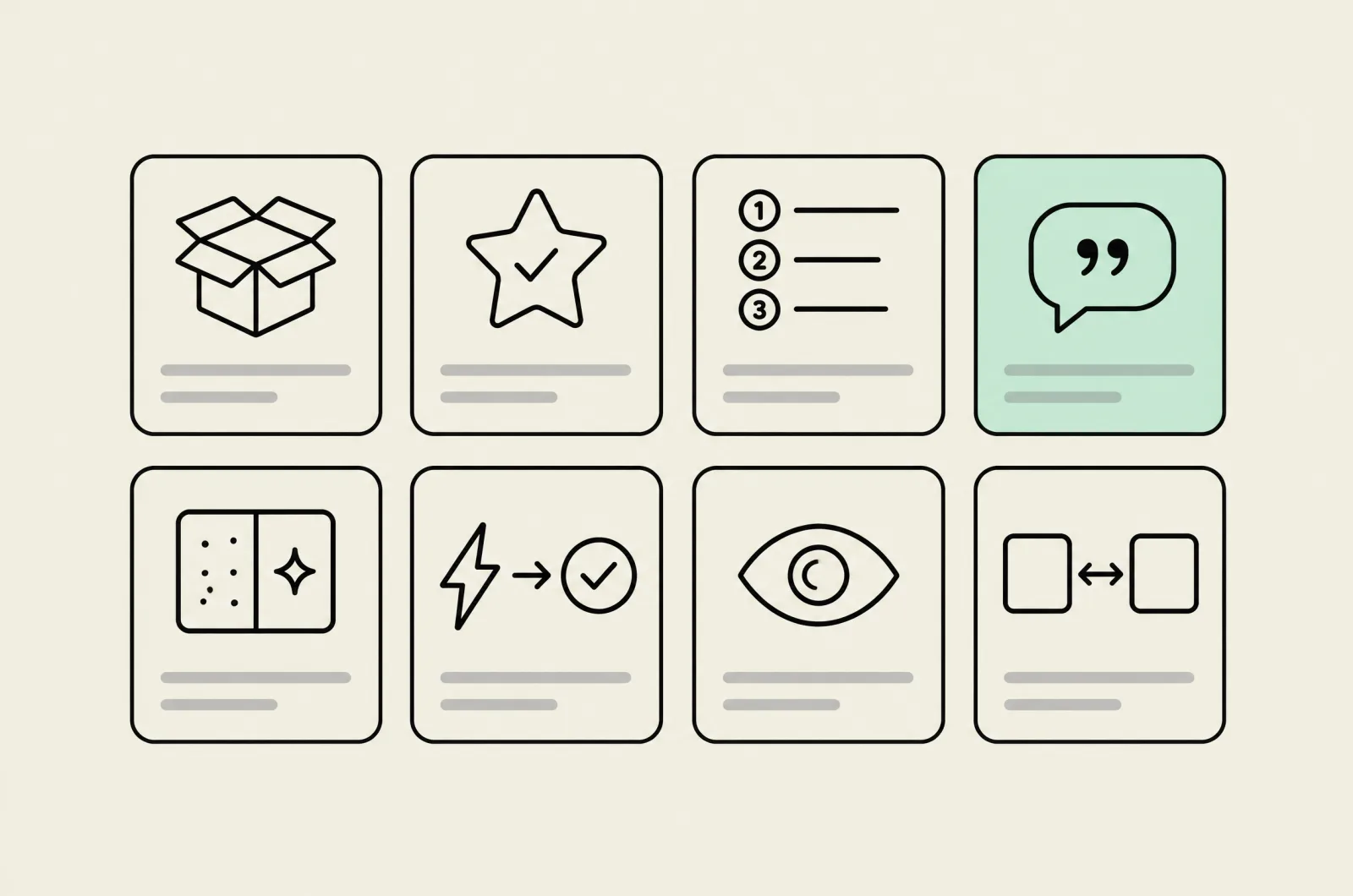 Grid of eight icons for UGC video types: unboxing box, review star, numbered tutorial steps, testimonial speech bubble, before and after split, problem to solution arrow, point-of-view eye, and side-by-side comparison