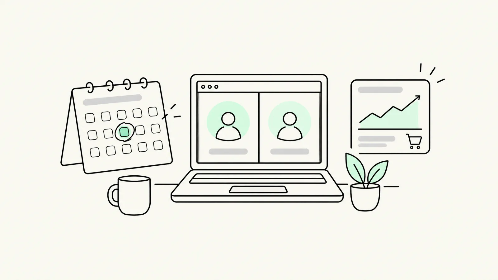 Calendar, video call on a laptop and a rising chart, inviting readers to book an upsell audit