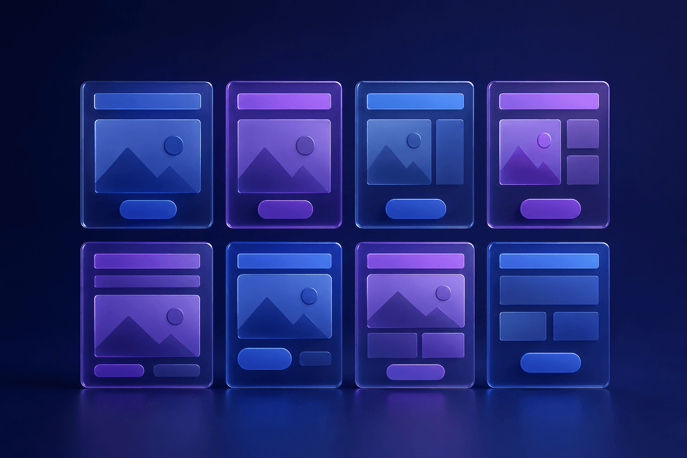 Abstract 3D illustration of a grid of page variations formed by combining different headline, image, and button elements
