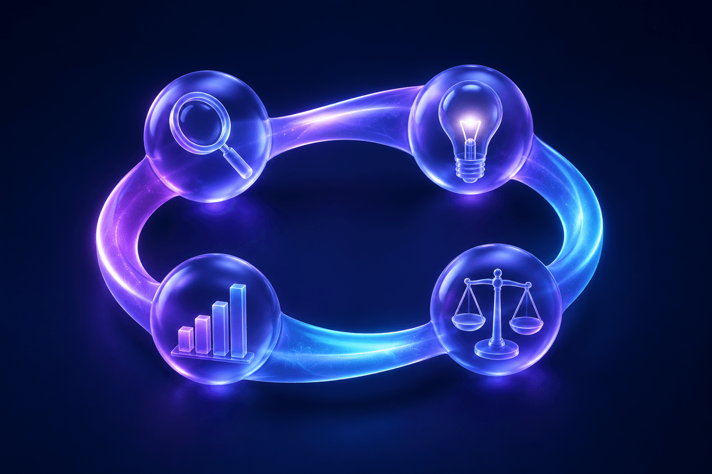 Abstract 3D illustration of a continuous glowing loop connecting research, hypothesis, test, and learning stages