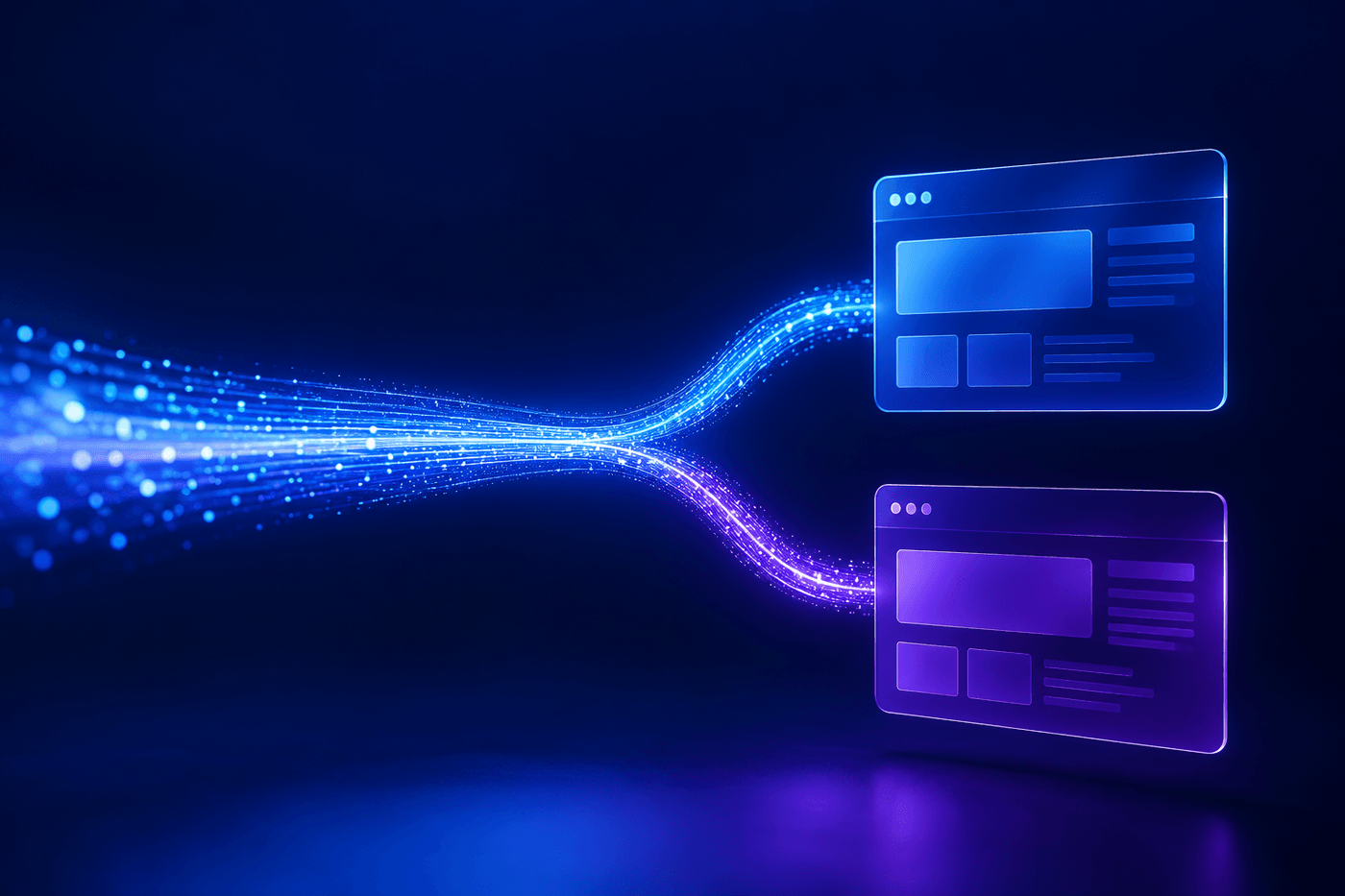 Abstract 3D illustration of website traffic splitting into two paths toward version A and version B of a page