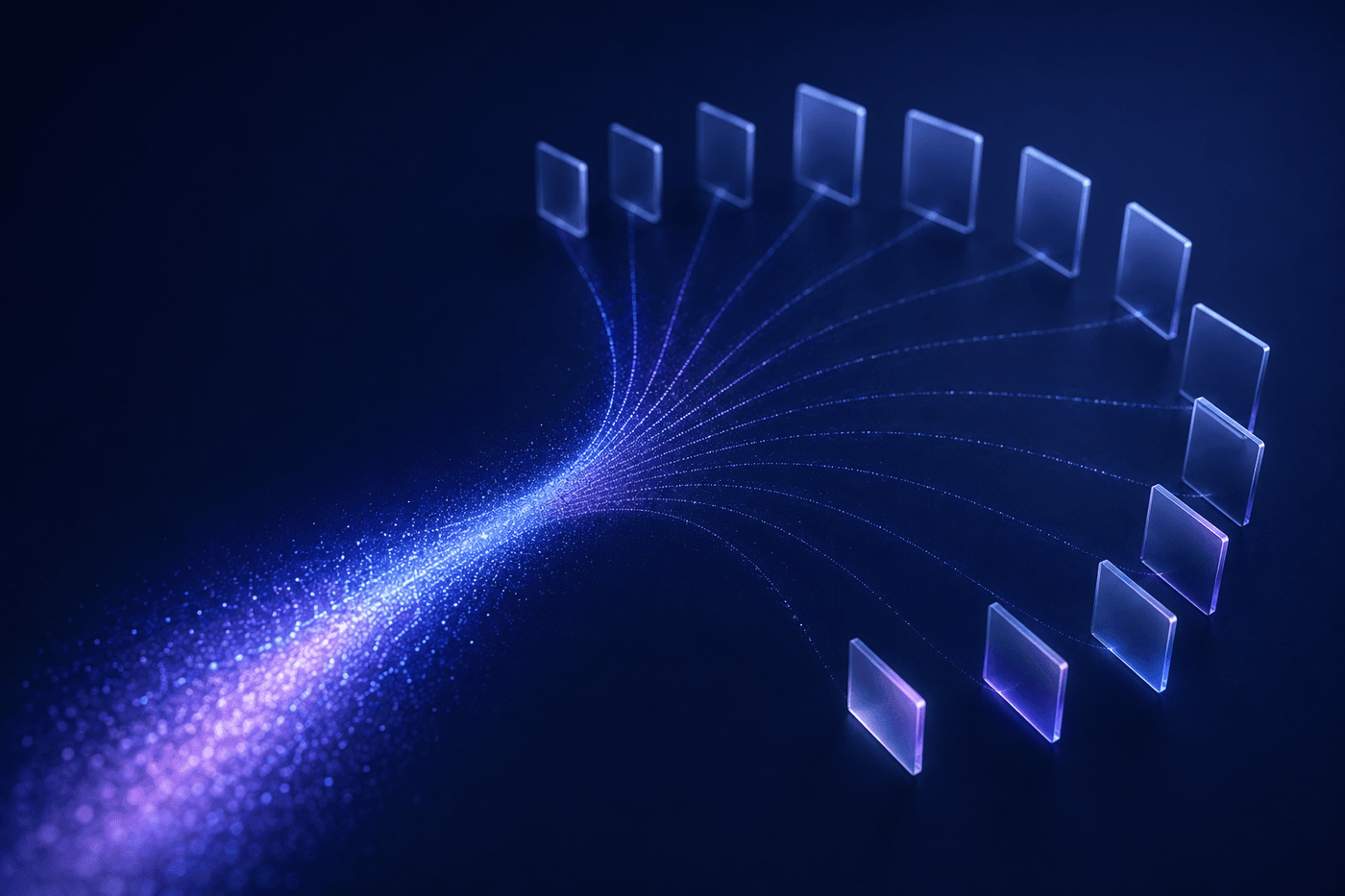 Abstract 3D illustration of a large stream of traffic dividing into many thin streams across a dozen page variations