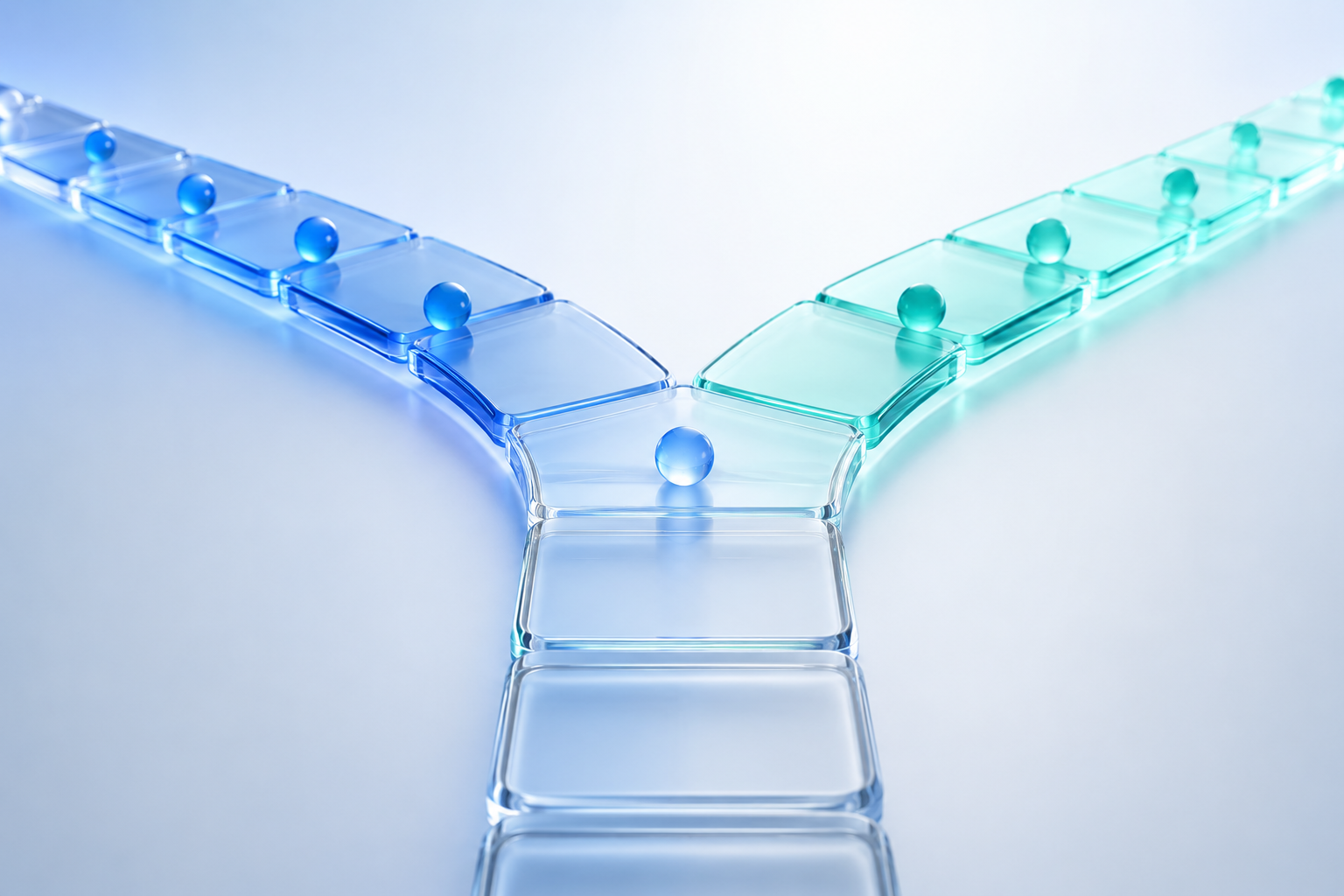 3D illustration of two diverging glowing paths made of glass tiles, one blue and one teal