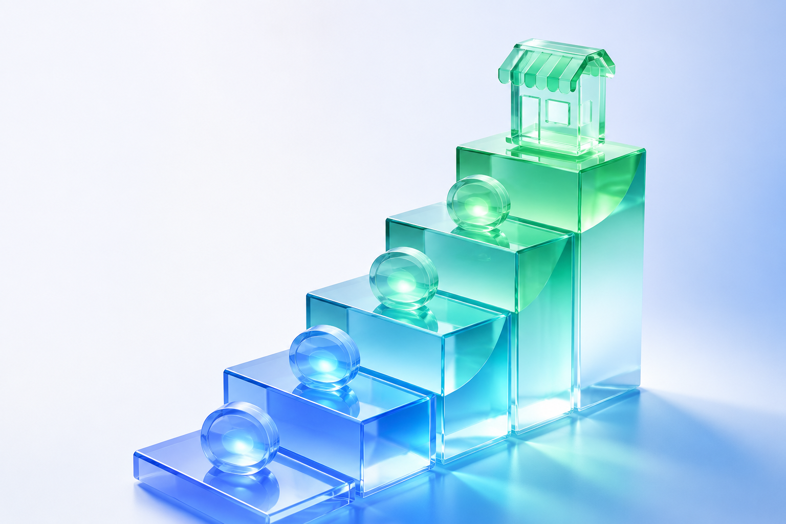 3D illustration of an ascending staircase of glass blocks with coins and a storefront at the top