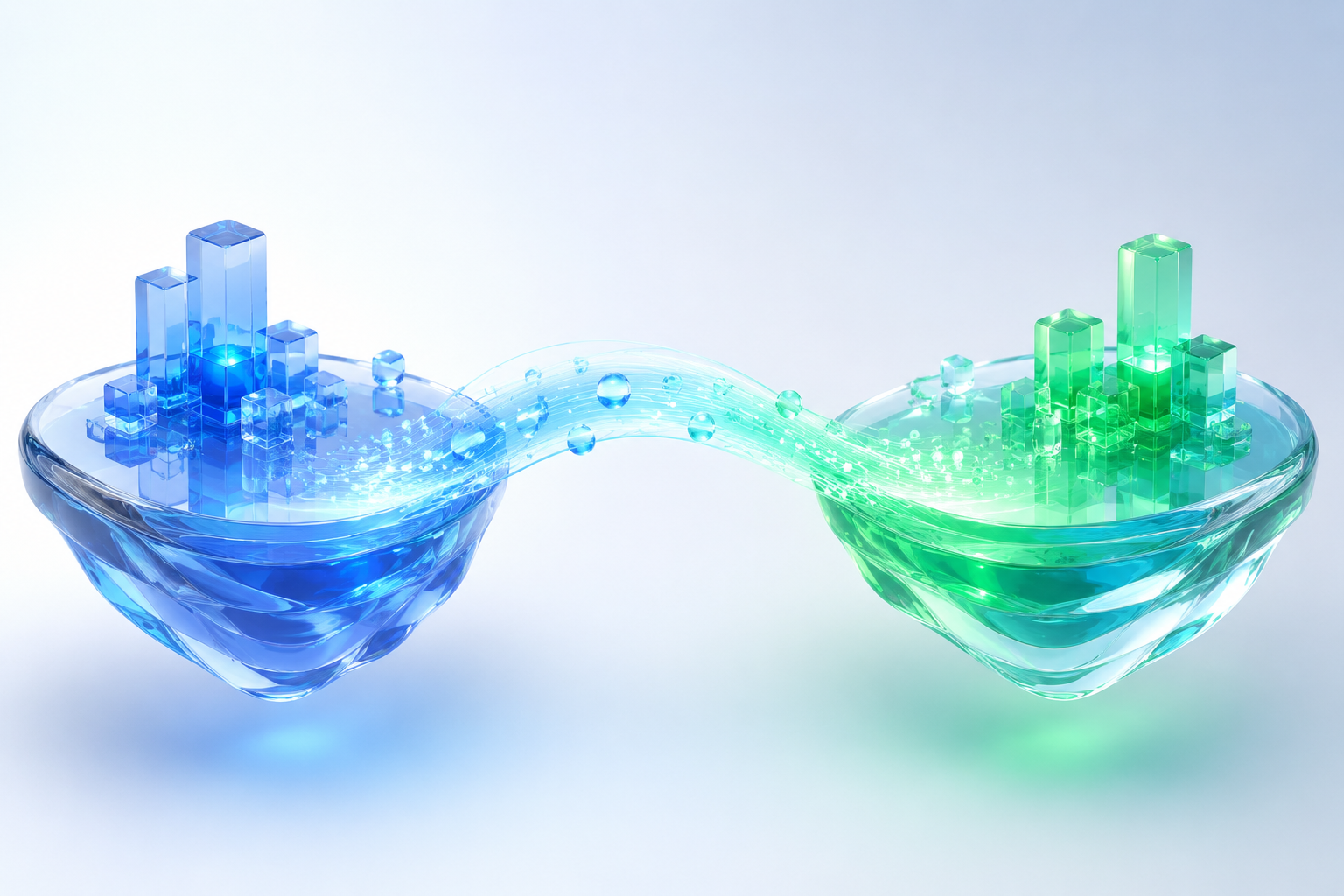 3D illustration of a glowing bridge of light connecting two floating glass islands