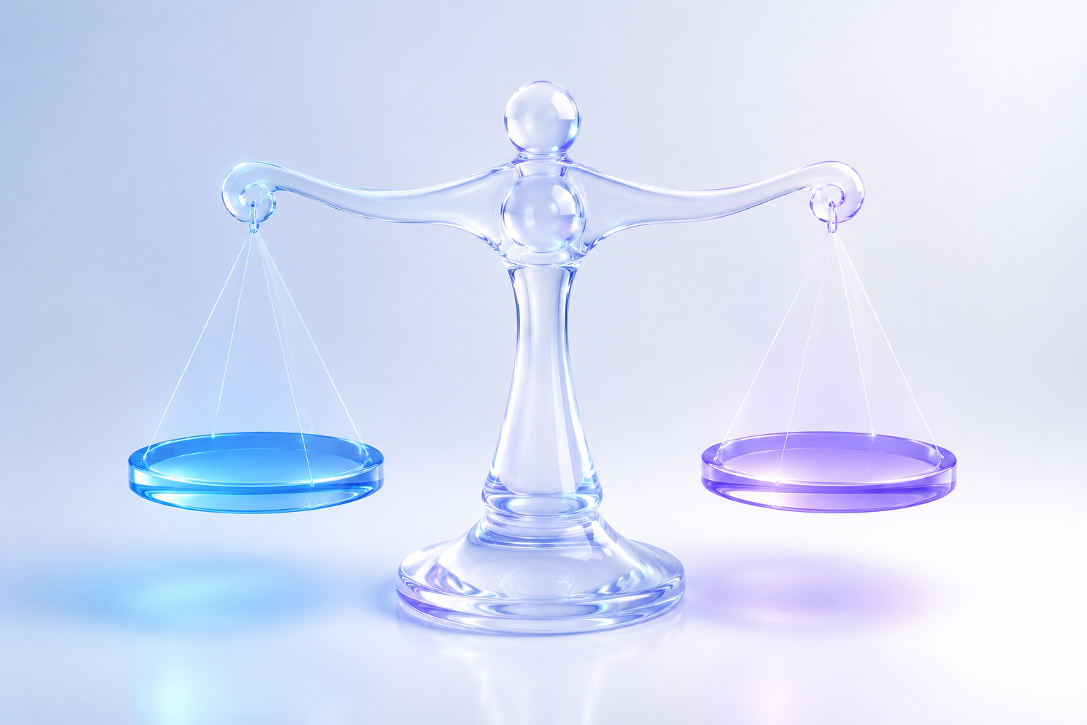 Abstract 3D illustration of two glass platforms balancing on a scale, one blue and one purple