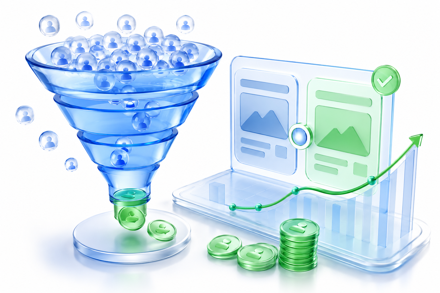 Conversion service illustration in brand blue and green