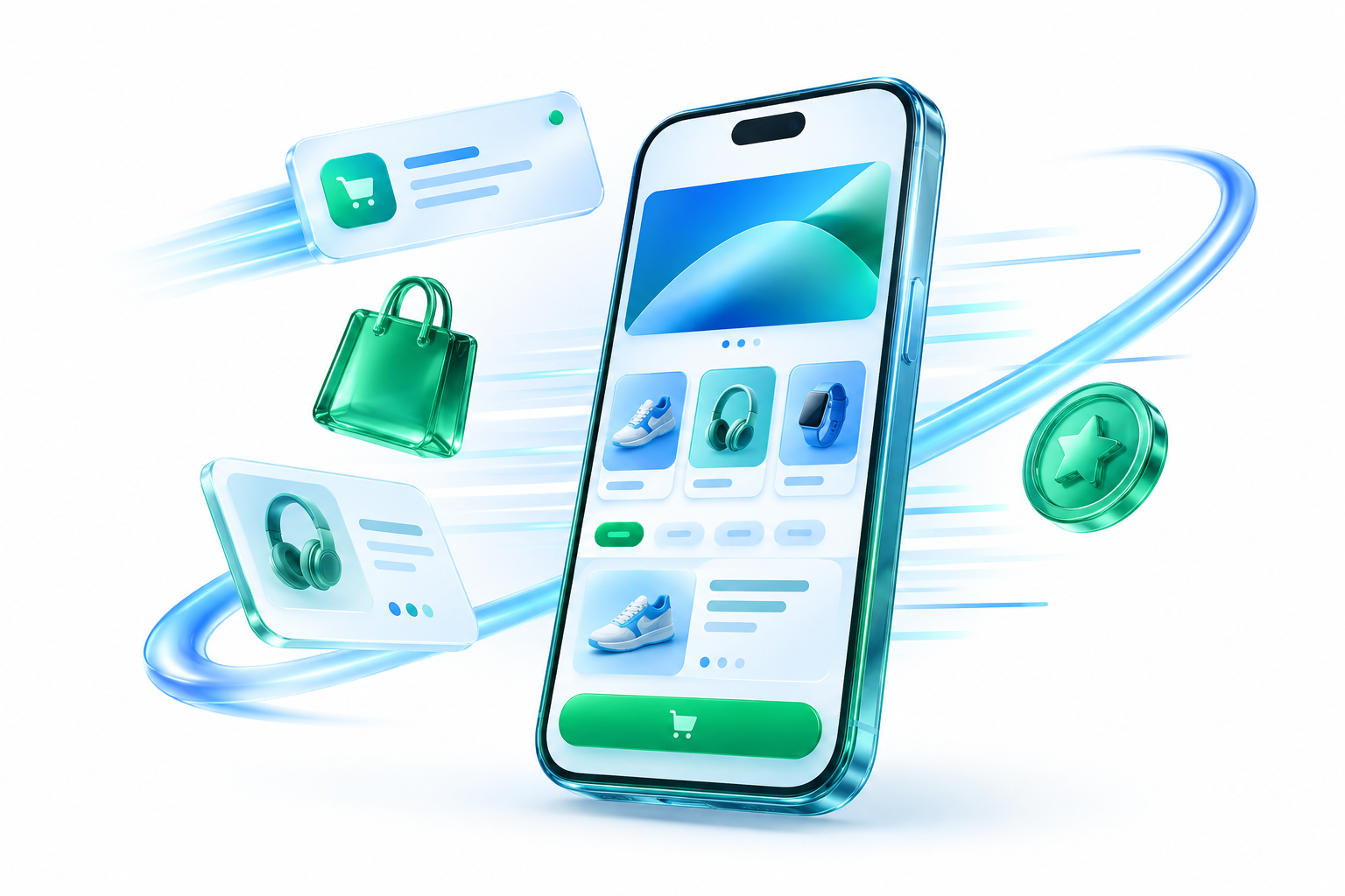 Native Shopify mobile app rendered in blue and green glass with product cards, push notification and loyalty token